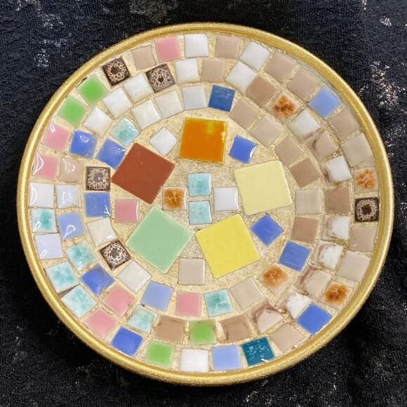 Mosaic Trinket Tray Colorful Stone Gold Tile 6" Unique Cool Art Deco USED - Picture 1 of 9